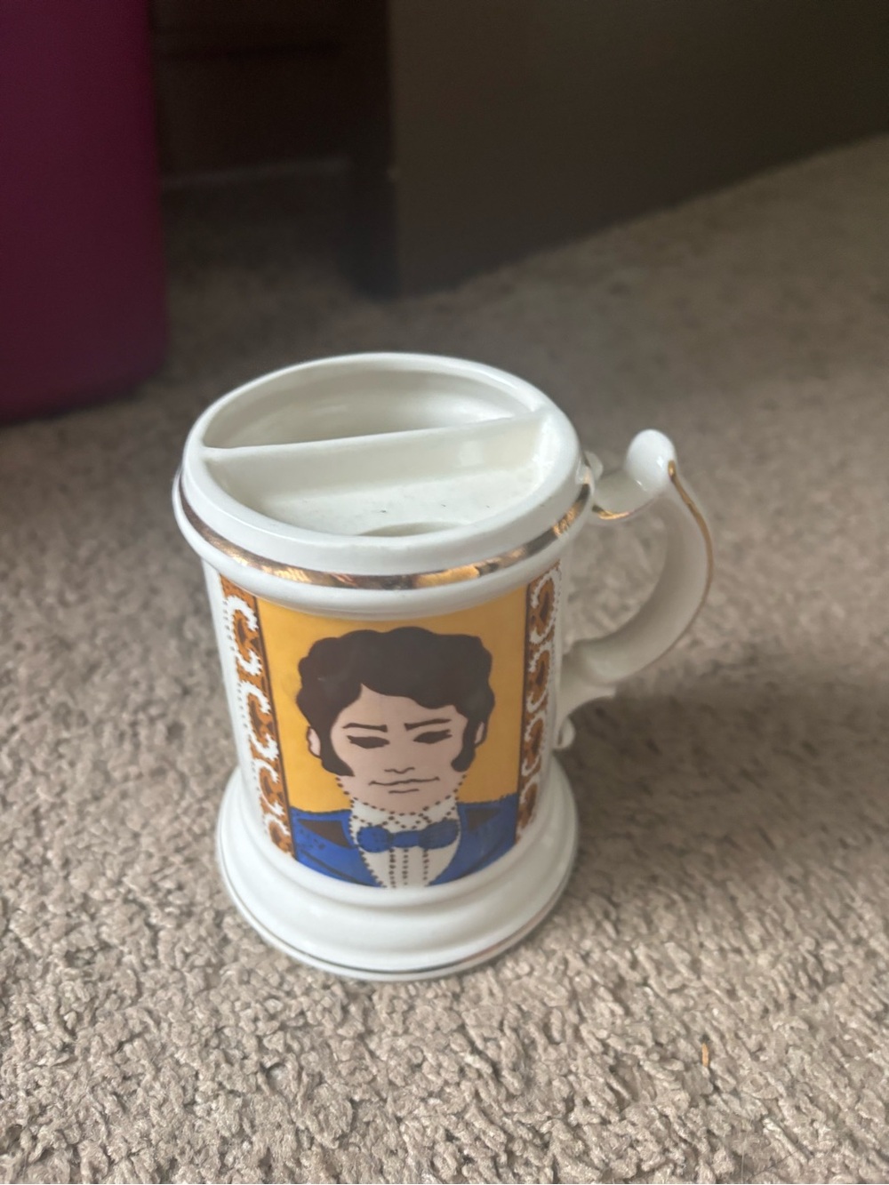 Decorative White Ceramic Toothpick Holder with Portrait Design